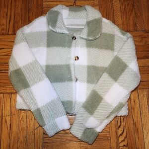 Cropped Sage Green & White Checkered Sherpa Sweater•Women's S•Fleece